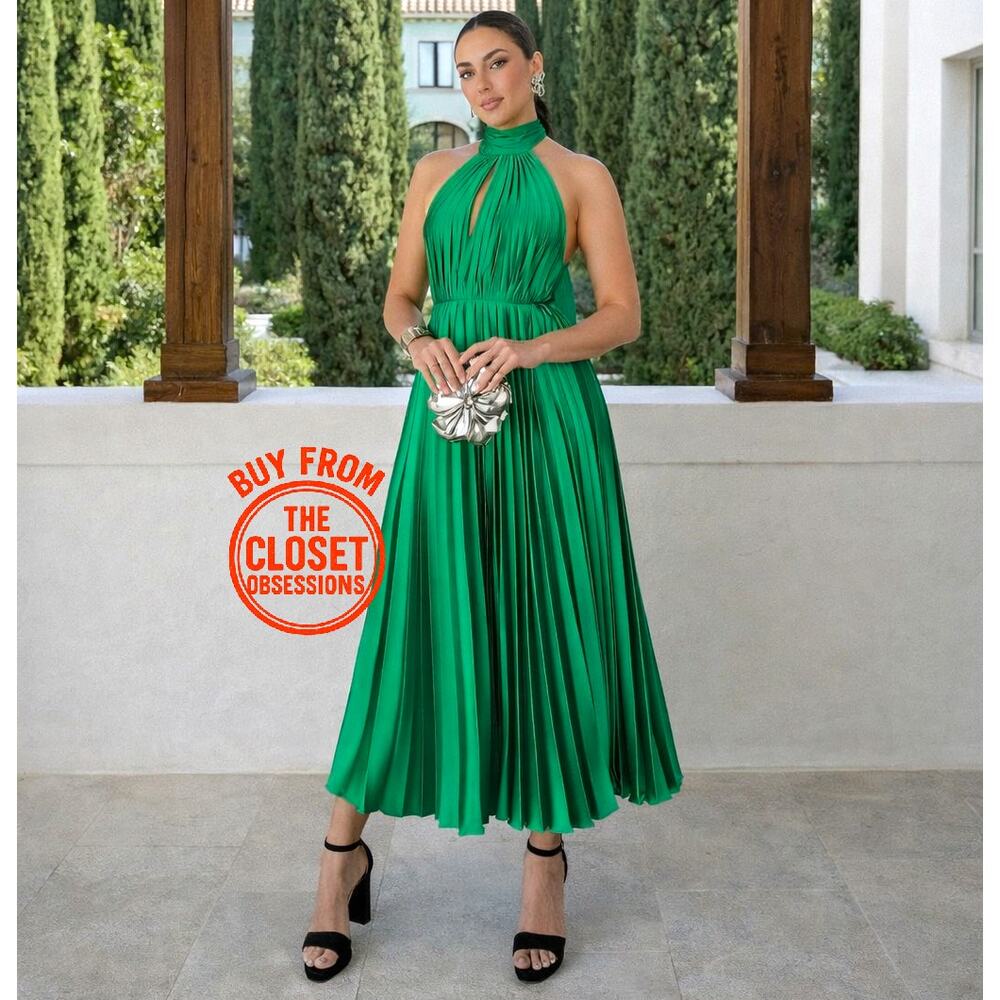 Mango NWT Emerald Green Pleated Halter Midi Dress 6 8 - Picture 12 of 16